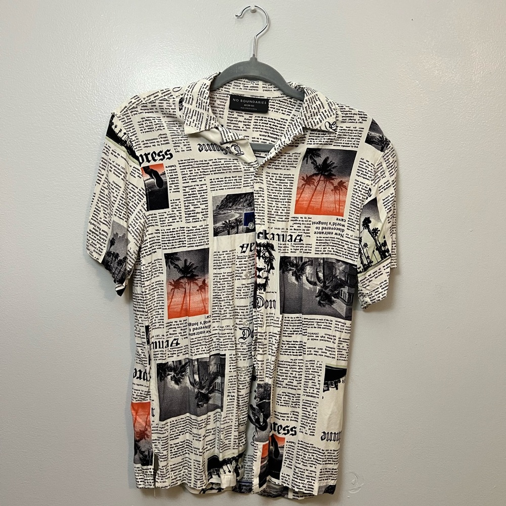 No Boundaries casual men’s button down, comfortable newspaper printed design!